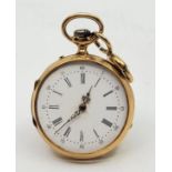 A French 18ct. gold open face fob watch, crown wind, having white enamel Roman numeral dial with