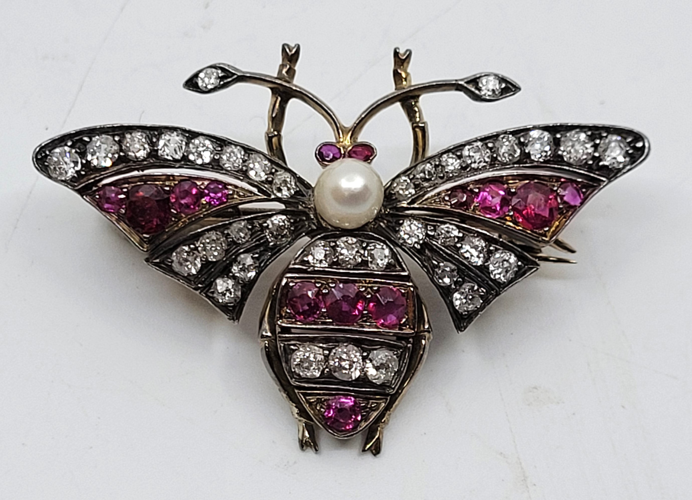 An early 20th century precious mixed metal, diamond, ruby and pearl butterfly brooch, set central - Image 2 of 12