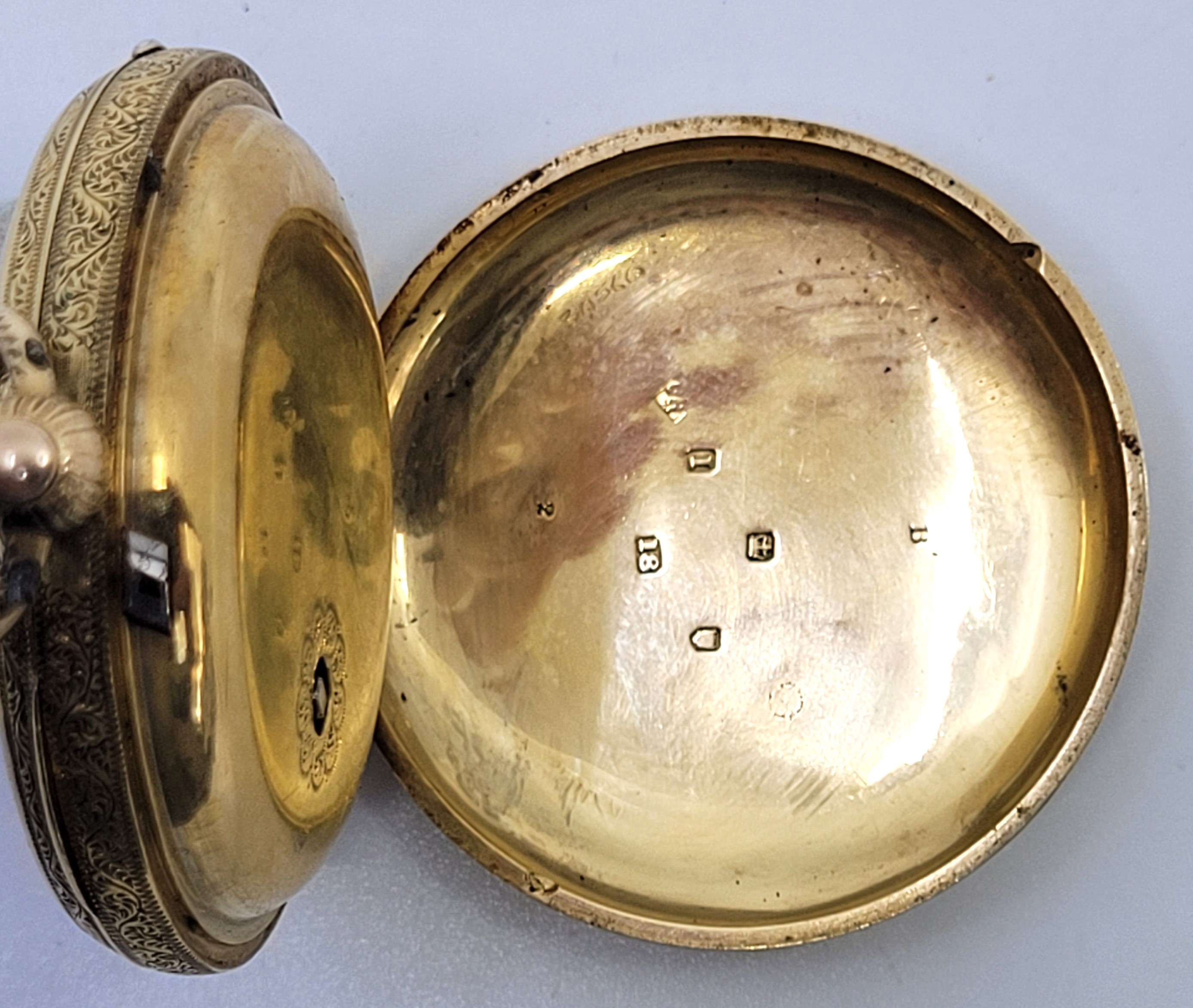 A Victorian 18ct. gold open face fob watch, key wind, having gold engine turned dial engraved - Image 5 of 15