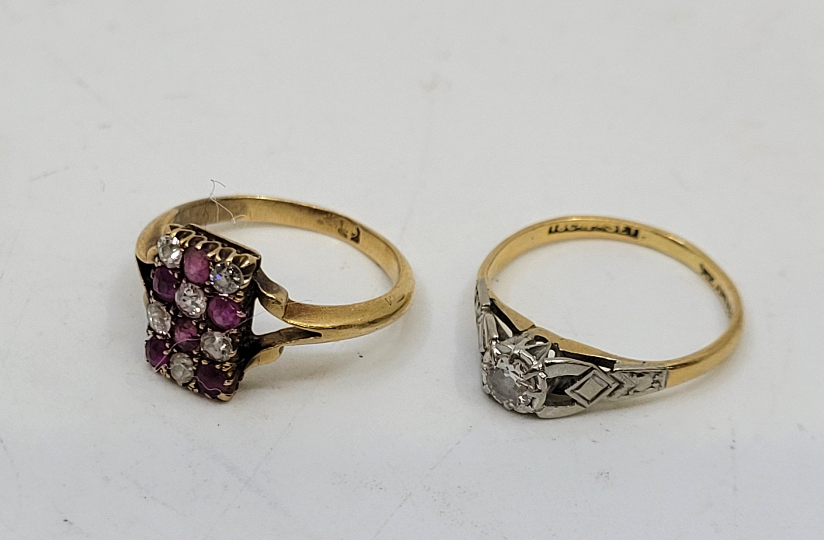 A yellow gold, ruby and diamond ring, having rectangular head set chequered pattern of six rubies