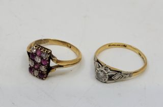 A yellow gold, ruby and diamond ring, having rectangular head set chequered pattern of six rubies