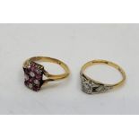 A yellow gold, ruby and diamond ring, having rectangular head set chequered pattern of six rubies