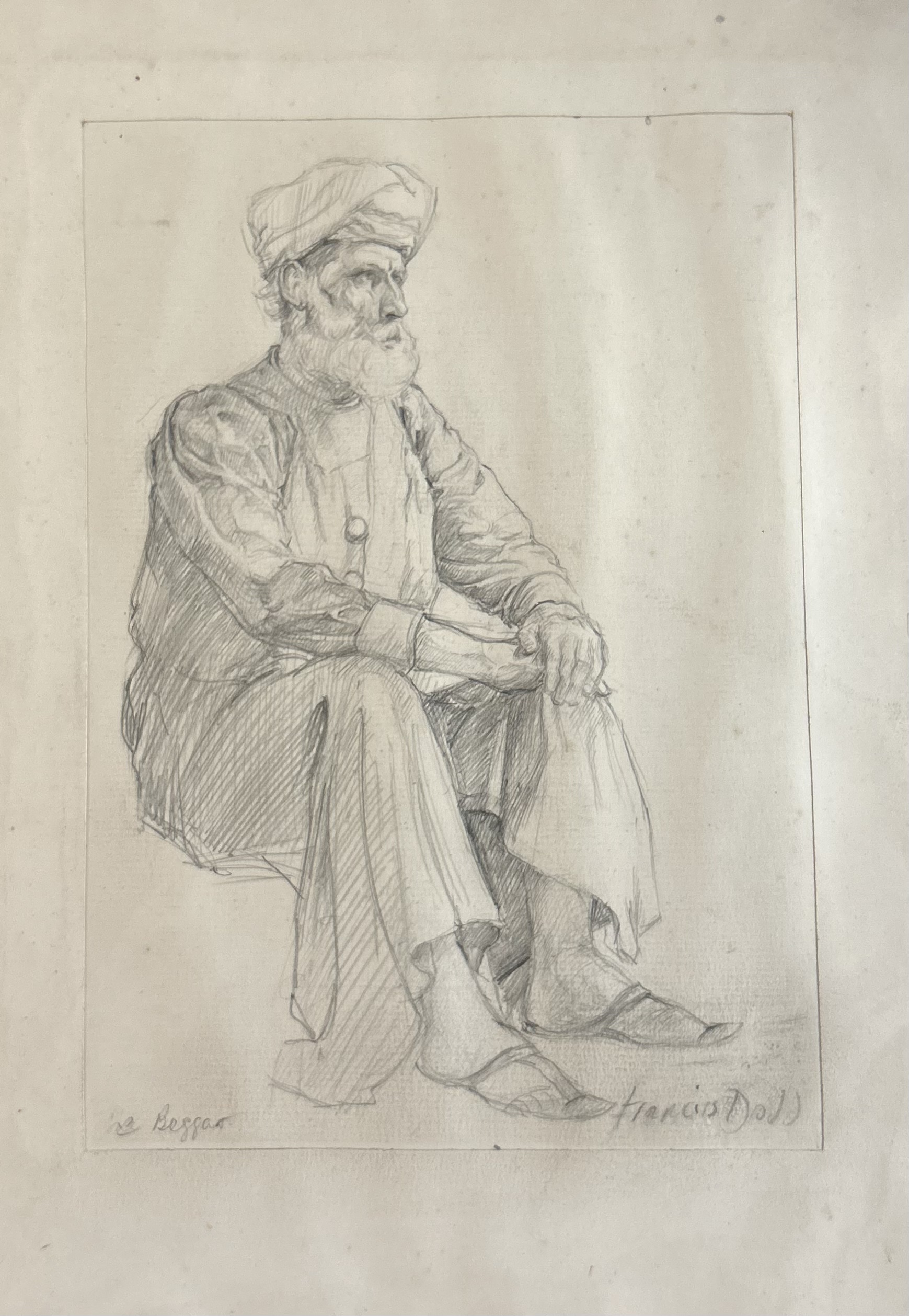 An interesting 20th cent pencil study of a beggar Orientalist interest signed Francis Dadd - Image 2 of 3