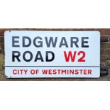 "Edgware Road, W2, City of Westminster", an original double sided enamelled post fitting London