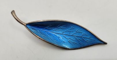 A David Anderson sterling silver and blue guilloche enamel leaf brooch, impressed makers mark and "