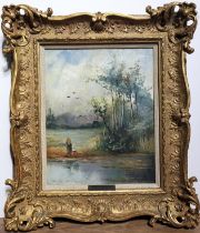 J. Christein (20th century French school), ''Figures by a woodland pond'', oil on board, signed