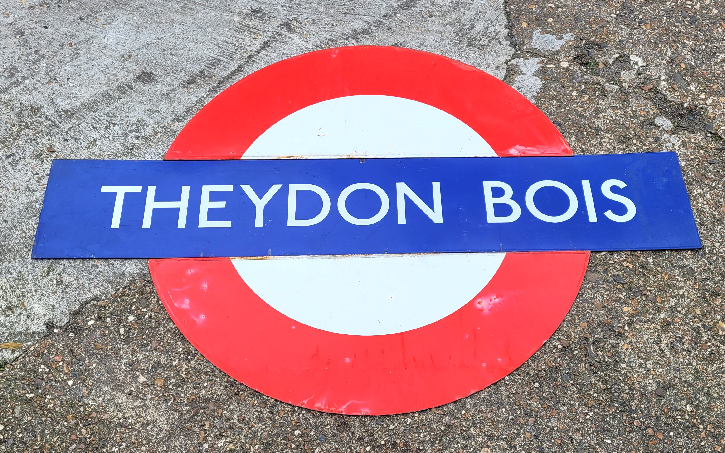 "Theydon Bois", an original three piece enamelled London Underground station sign, length 149cm. - Image 2 of 5