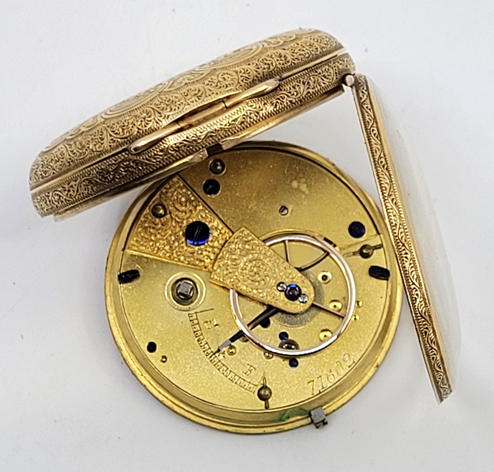 A Victorian 18ct. gold open face fob watch, key wind, having gold engine turned dial engraved - Image 4 of 15