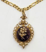A late 19th century precious yellow metal, amethyst cabochon and seed pearl set mourning pendant,