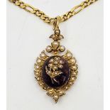 A late 19th century precious yellow metal, amethyst cabochon and seed pearl set mourning pendant,