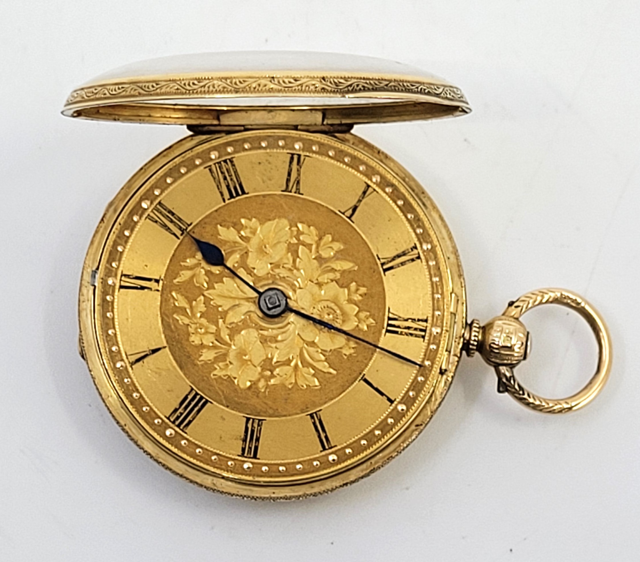 A Victorian 18ct. gold open face fob watch, key wind, having gold engine turned dial engraved - Image 3 of 15