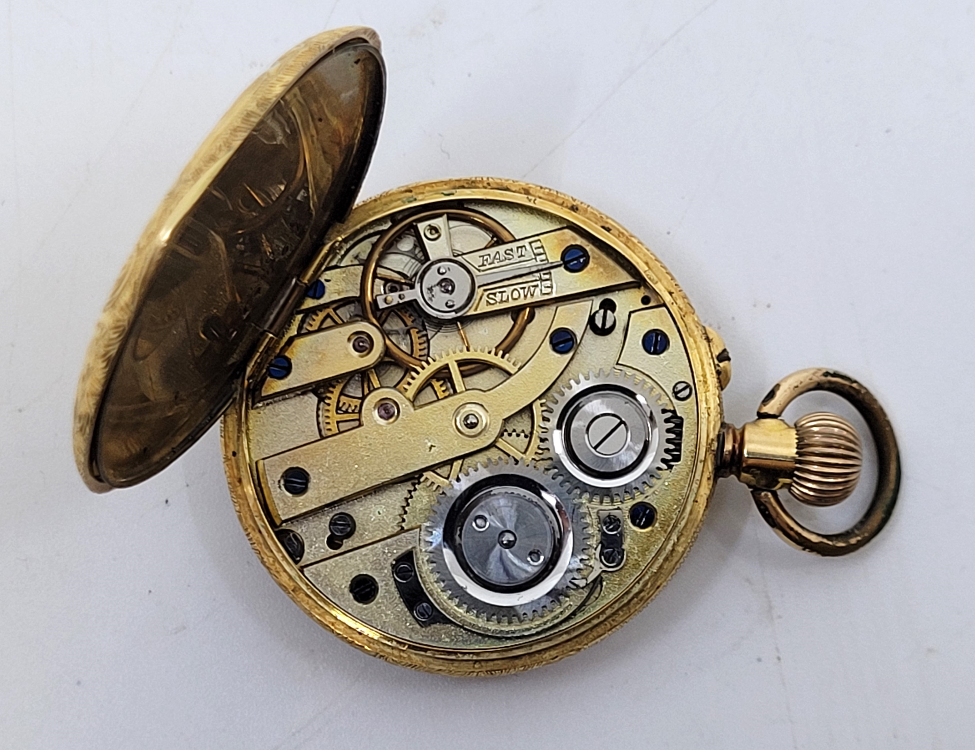 An 18ct. gold ladies fob watch, crown wind, having gold Roman numeral dial with blued spade and whip - Image 2 of 12