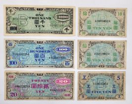 Six WW2 Japan/Allied Military Currency banknotes: A scarce 1000 Yen B series, 1951 (light central