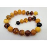 An amber bead necklace, fashioned from near spherical beads of varying colour including butterscotch