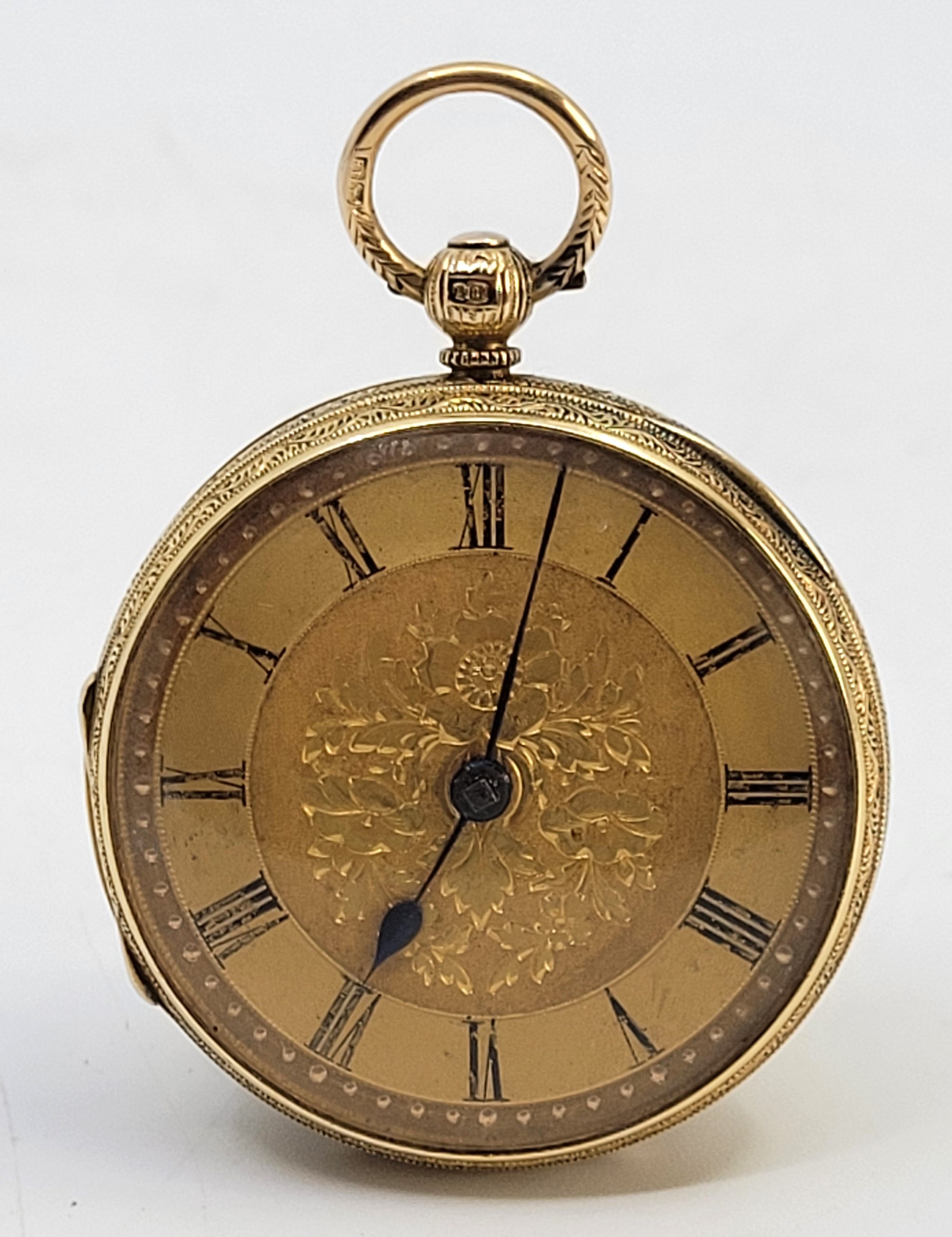 A Victorian 18ct. gold open face fob watch, key wind, having gold engine turned dial engraved - Image 6 of 15