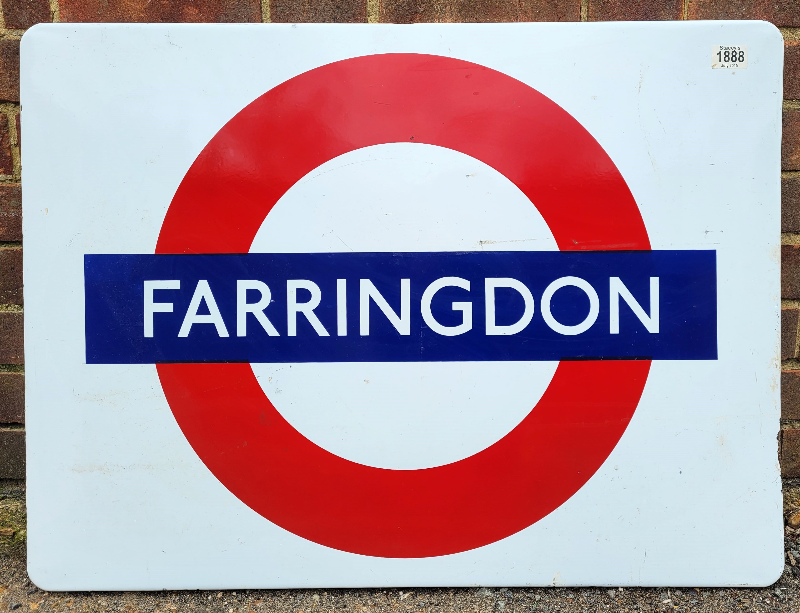 Farringdon, an original London Underground enamelled station sign, 61cm x 81.5cm. Ex lot 1888