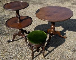 A 19th cent Dumb waiter, Georgian table and an Edwardian piano stool