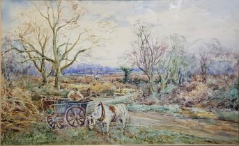 H.J. Sylvester Stannard (British 1870 - 1951), "Villager with horse and cart by a woodland track",