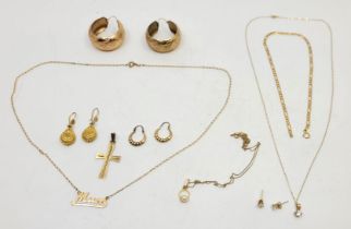 A collection of 9ct. gold jewellery, to include; a pair of 9ct. gold drop earrings, hook fitting,