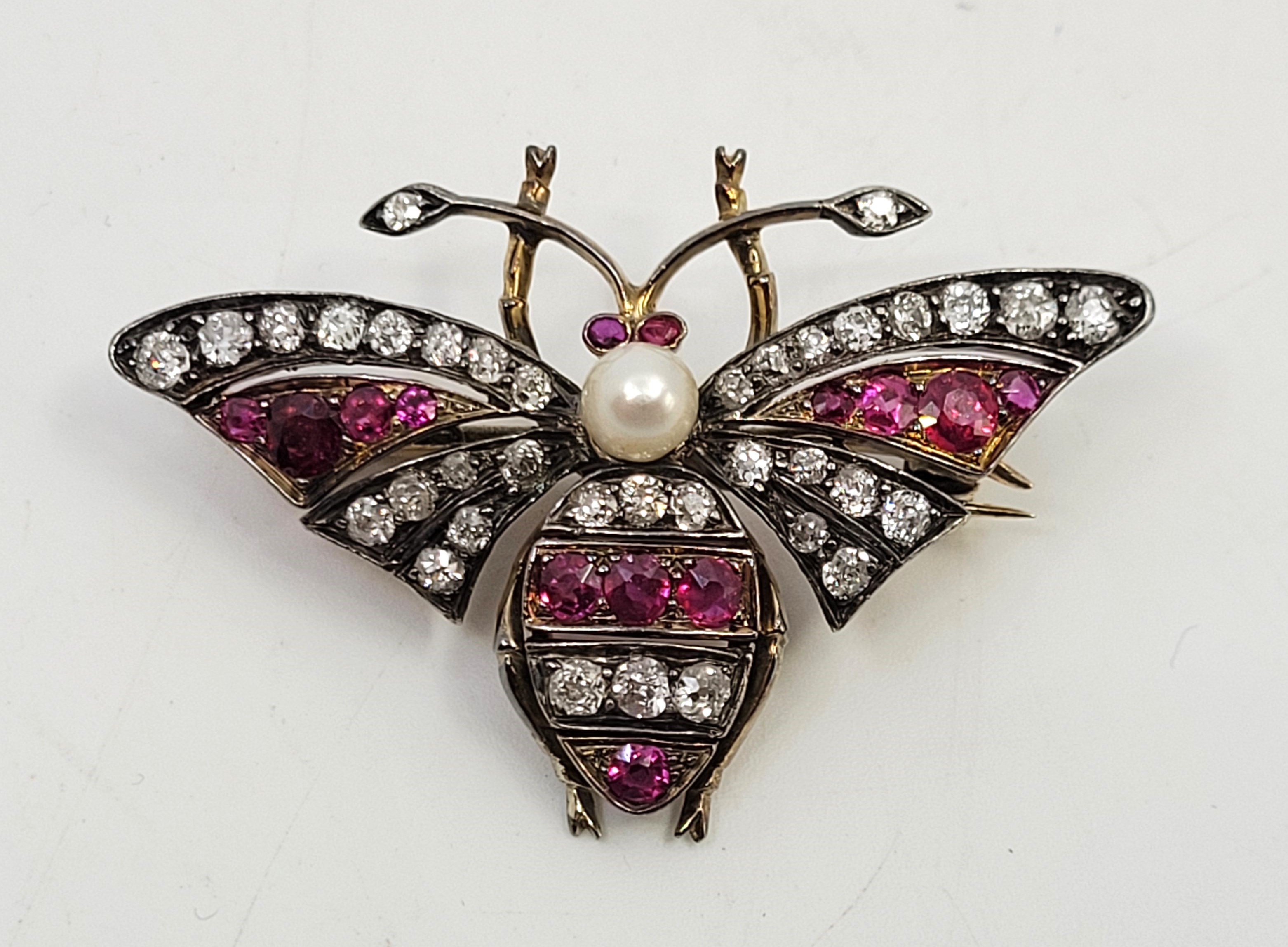 An early 20th century precious mixed metal, diamond, ruby and pearl butterfly brooch, set central - Image 5 of 12