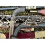 An interesting collection of flintlock guns to include a Kazak Rifle powder flask , sword stick