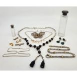 Two silver capped glass vanity jars, together with a quantity of costume jewellery, to include a