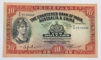 A Hong Kong Chartered Bank of India, Australia & China 10 dollars note, 18th November 1941, T/G