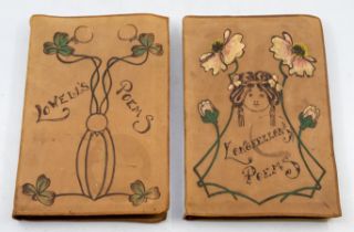 BINDINGS. A pair of American pyrography bindings (burnt & painted designs on suede) for Longfellow