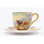 A Royal Worcester coffee cup and saucer, both painted with Highland Cattle and signed by Harry