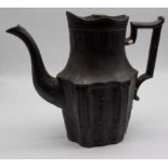A Staffordshire black basalt coffee pot and metal cover, 19th century, unmarked, size 24cm high.
