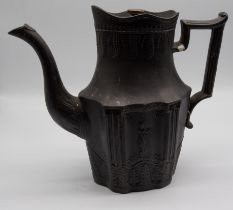 A Staffordshire black basalt coffee pot and metal cover, 19th century, unmarked, size 24cm high.