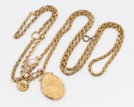 An unmarked yellow metal chain, assessed as 9ct gold suspending a small St Christopher and an oval