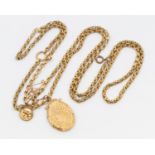 An unmarked yellow metal chain, assessed as 9ct gold suspending a small St Christopher and an oval