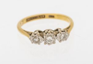 A diamond and 18ct gold three stone ring, size L, total gross weight approx 2.8gms cased Further