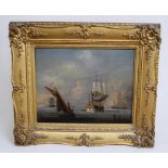 A 19th Century continental school oil on board of boats and schooners coming in and out of the dock,