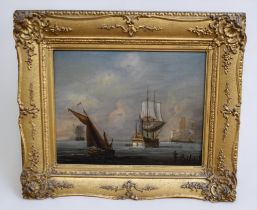 A 19th Century continental school oil on board of boats and schooners coming in and out of the dock,