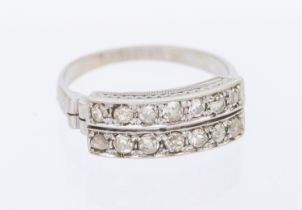 A diamond set 18ct white gold ring, comprising two rows of grain set old cut diamonds, total diamond