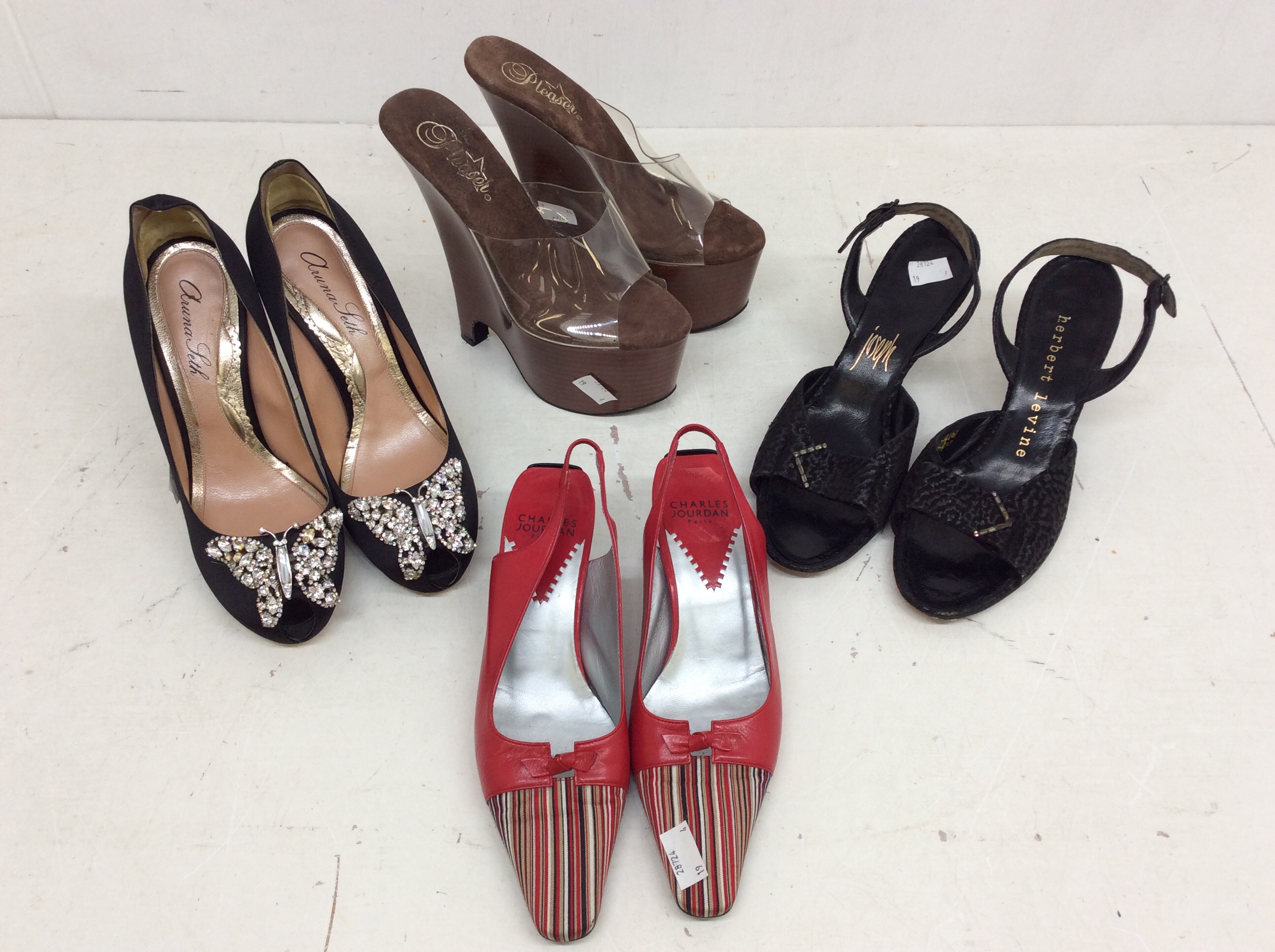 A small collection of shoes to include Charles Jourden square toe sling backs with ba striped front