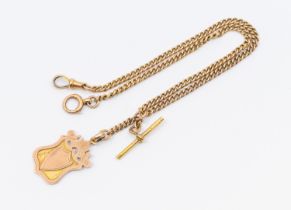 A 9ct gold watch chain, width approx 3mm, with swivel, bolt clasp and T bar, length approx 35.5cm