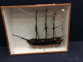 Handmade early 20th Century ship in wooden glazed front case , the ship "Gustave" built in 1848