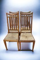 Four Arts & Crafts unusual style tall back dining chairs with reeded seats in oak, one chair in need