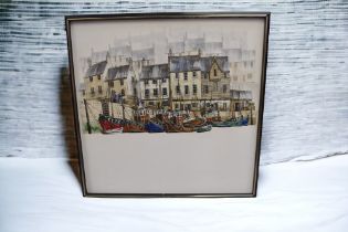 MacGregor (20th century/Modern) - a framed large square oil on canvas of Harbour village scene,