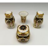 Royal Crown Derby 1128 imari condiment set to include salt, pepper and mustard along with 1128 posie