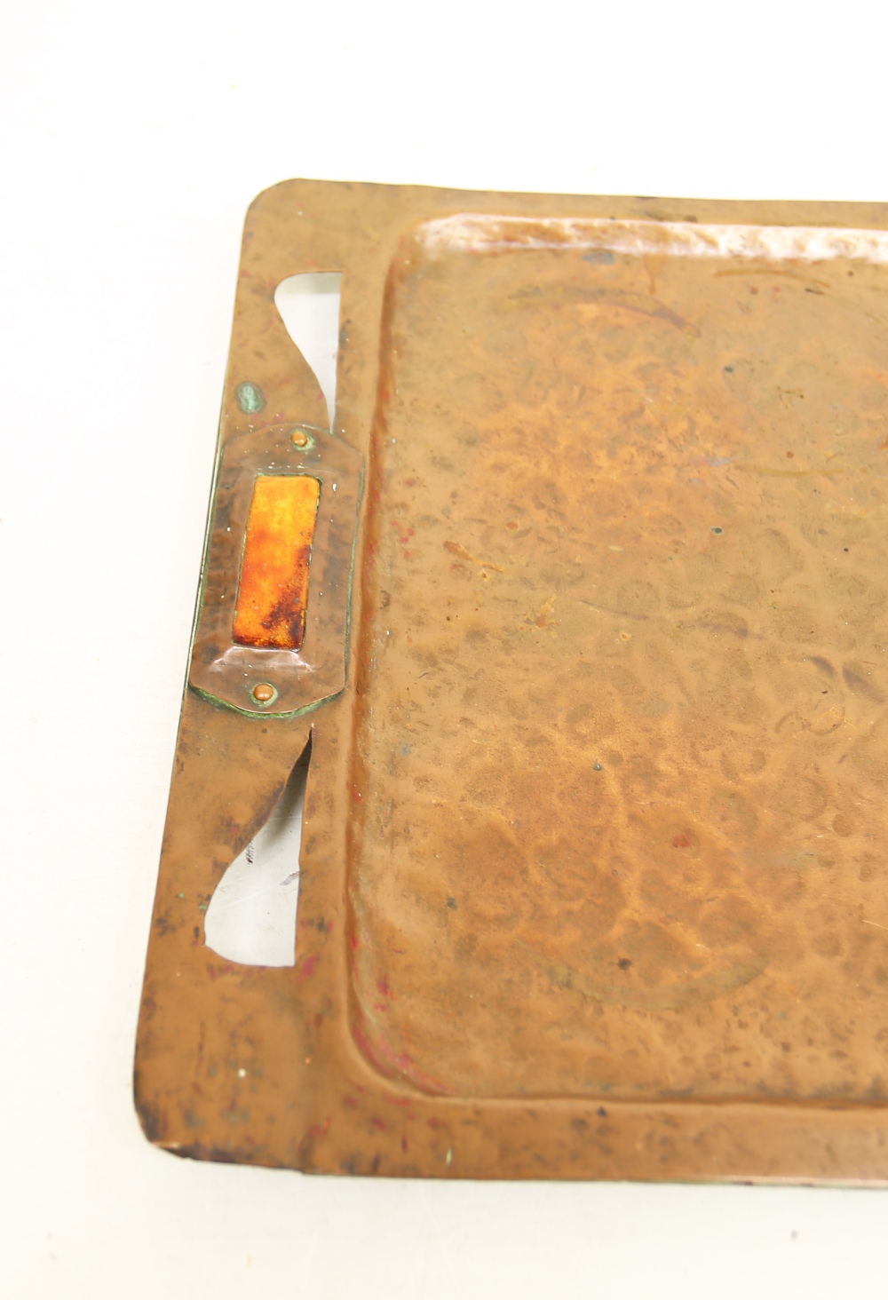 An Arts & Crafts hammered / planished copper two handled rectangular tray, the handles applied - Image 2 of 4