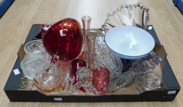 A small collection of glasswares to include; enamelled Gregory style jug, red glass large glass