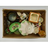 A collection of mixed ceramics to include; Continental green glazed relief flower designed vases,