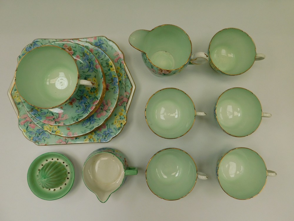 A Shelley Melody design part-tea service: 6 cups and saucers, juicer, milk jug, sandwich plate and 6 - Image 2 of 2