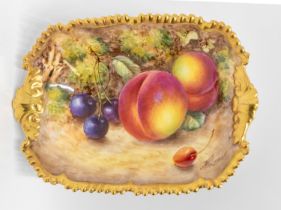 A Royal Worcester shaped rectangular bon bon dish painted with peaches and cherries with foliage,