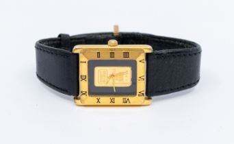A gents gold plated wristwatch, comprising a rectangular case gilt numeral; markers, case approx