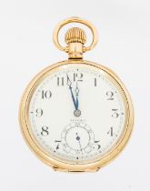 An early 20th century open faced gold plated Tivoli pocket watch, comprising a white enamel dial